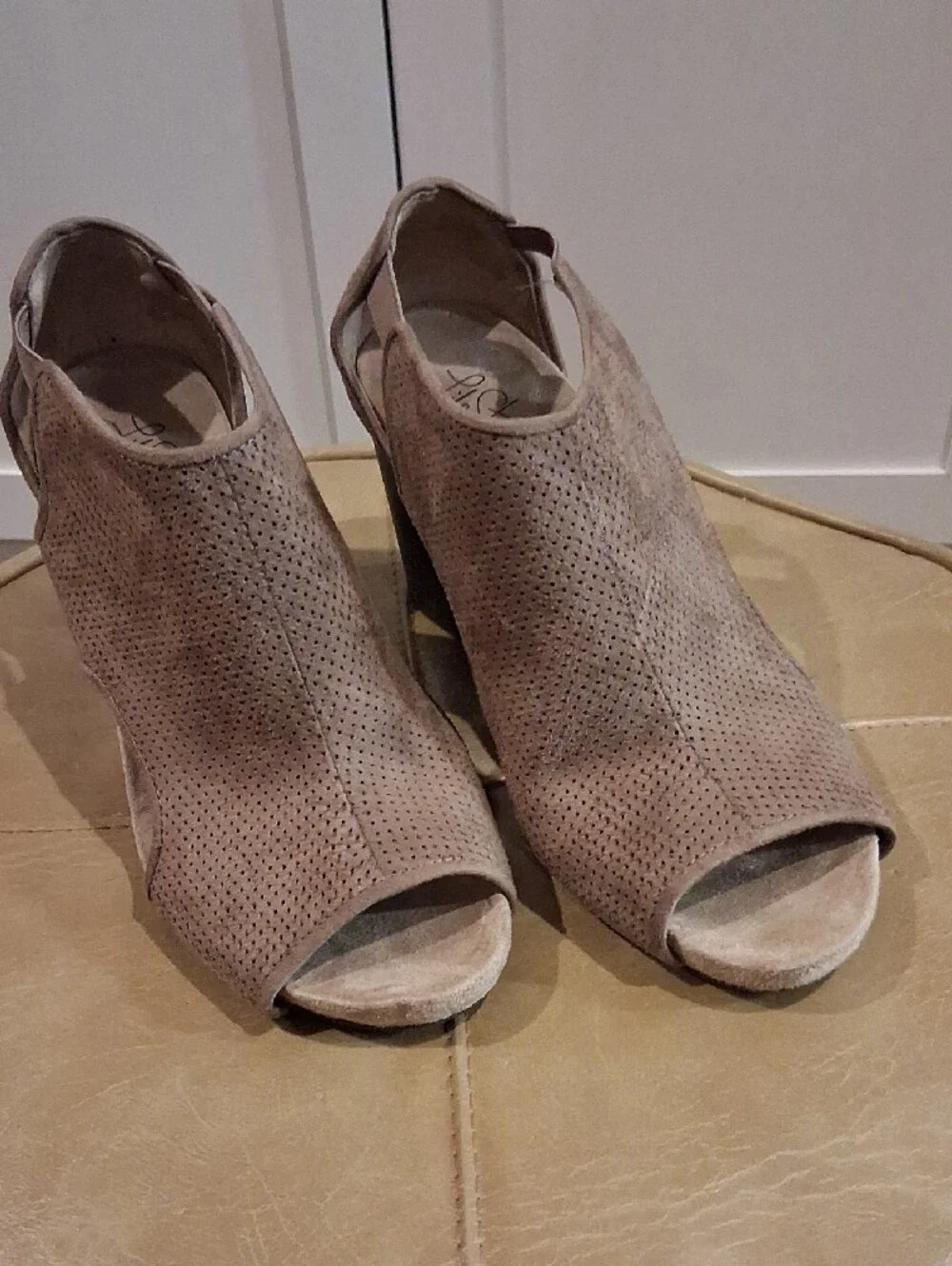 Life Stride Taupe Perforated Suede Peep-Toe Wedge Booties